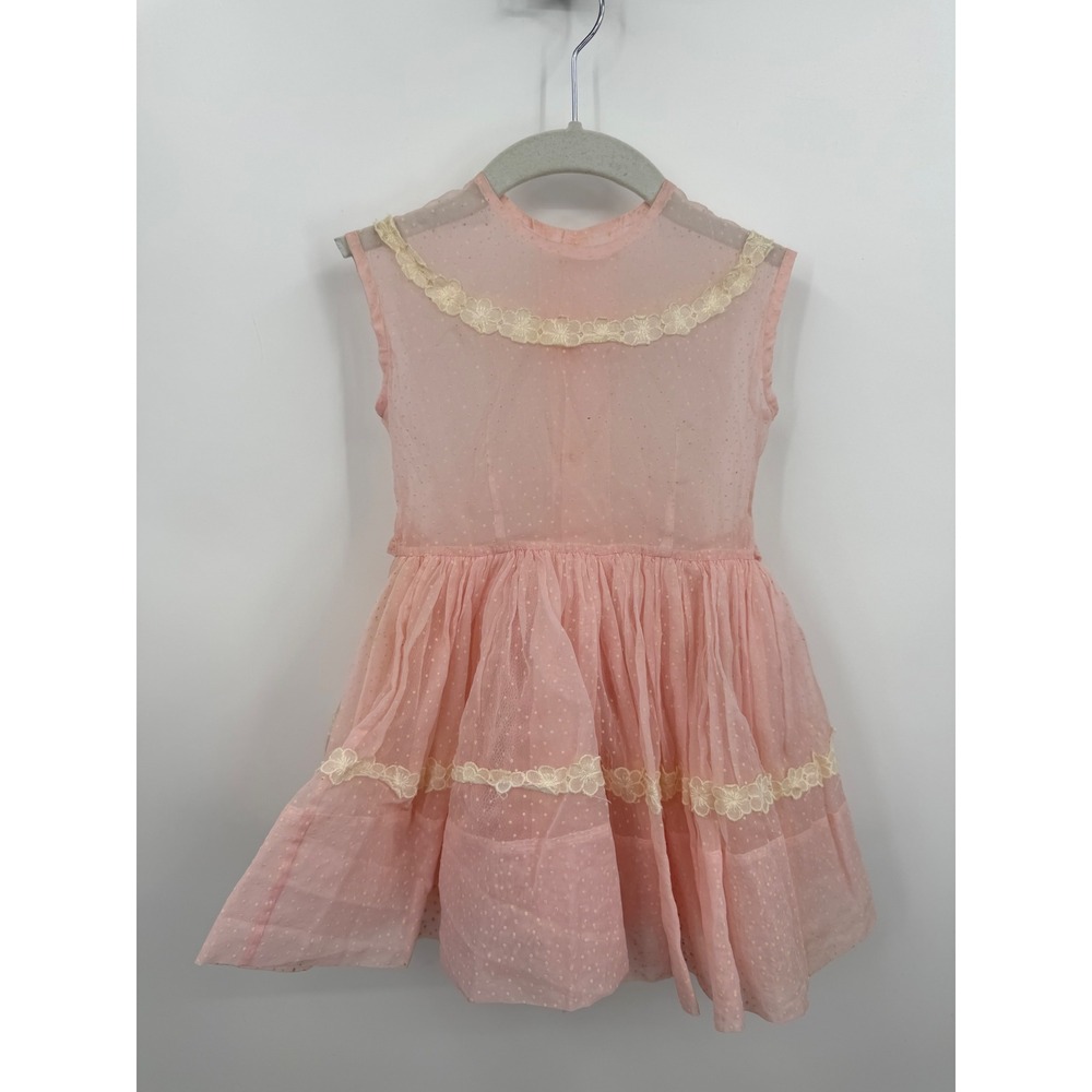 Unbranded‎ Vintage Swiss Dot Lace Party Dress 3T Pink Sheer Bow Back